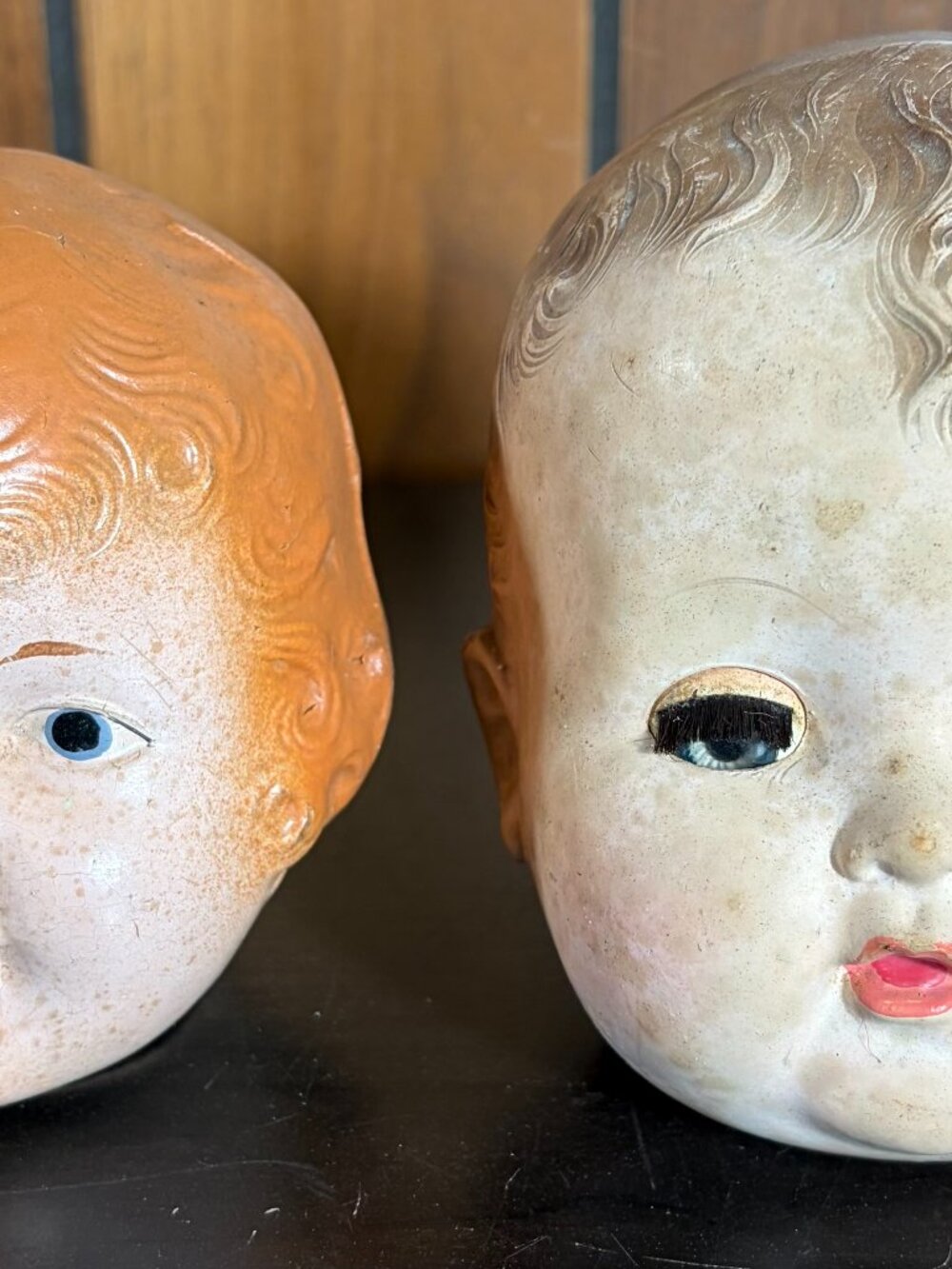 Vintage (2) Baby Doll Heads - Hard Plastic w/ Molded Hair Sleepy Eyes - RARE